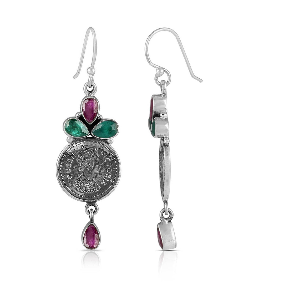 Garnet, Onyx and Queen Coin Dangle Earrings