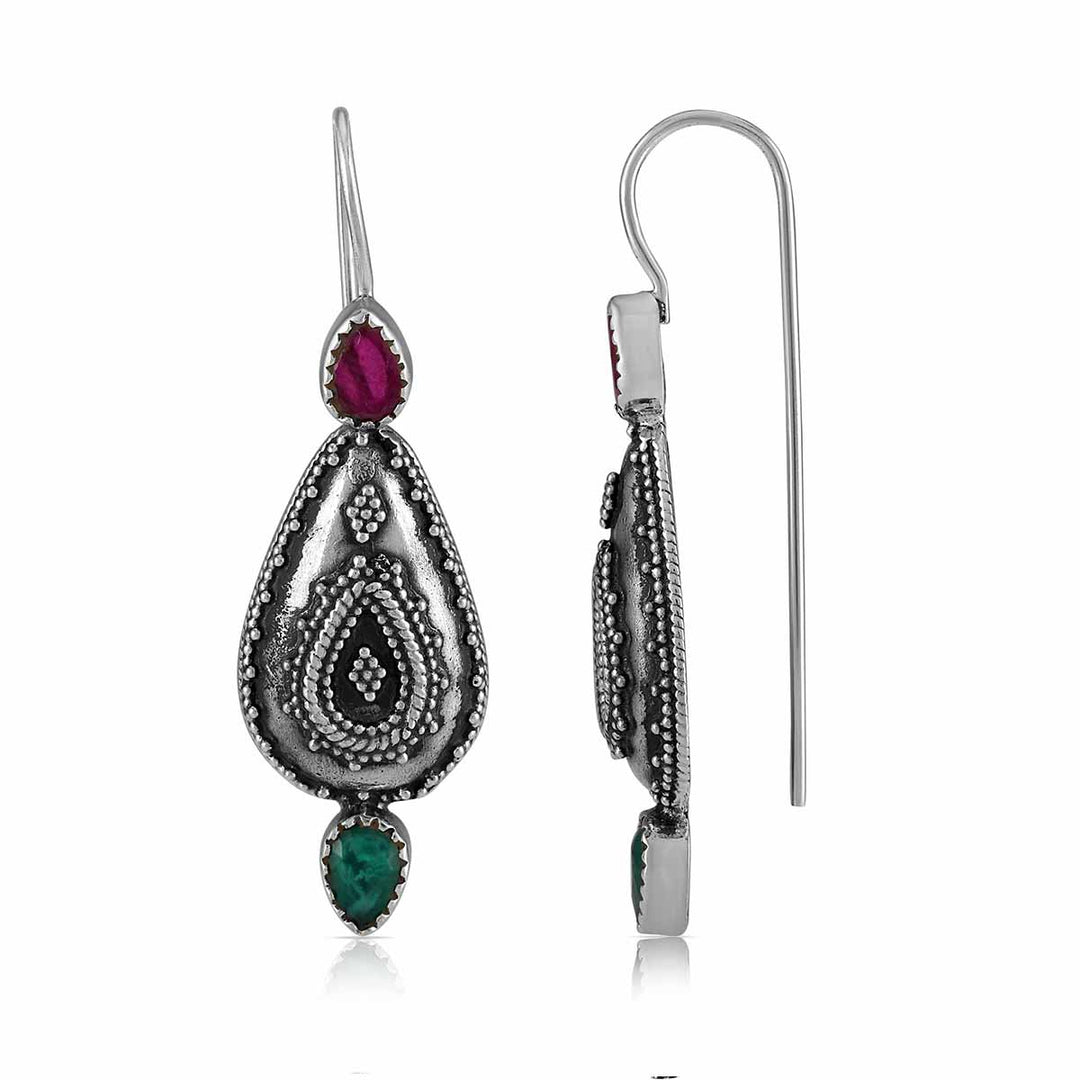 Garnet and Green Onyx Silver Dangle Earrings