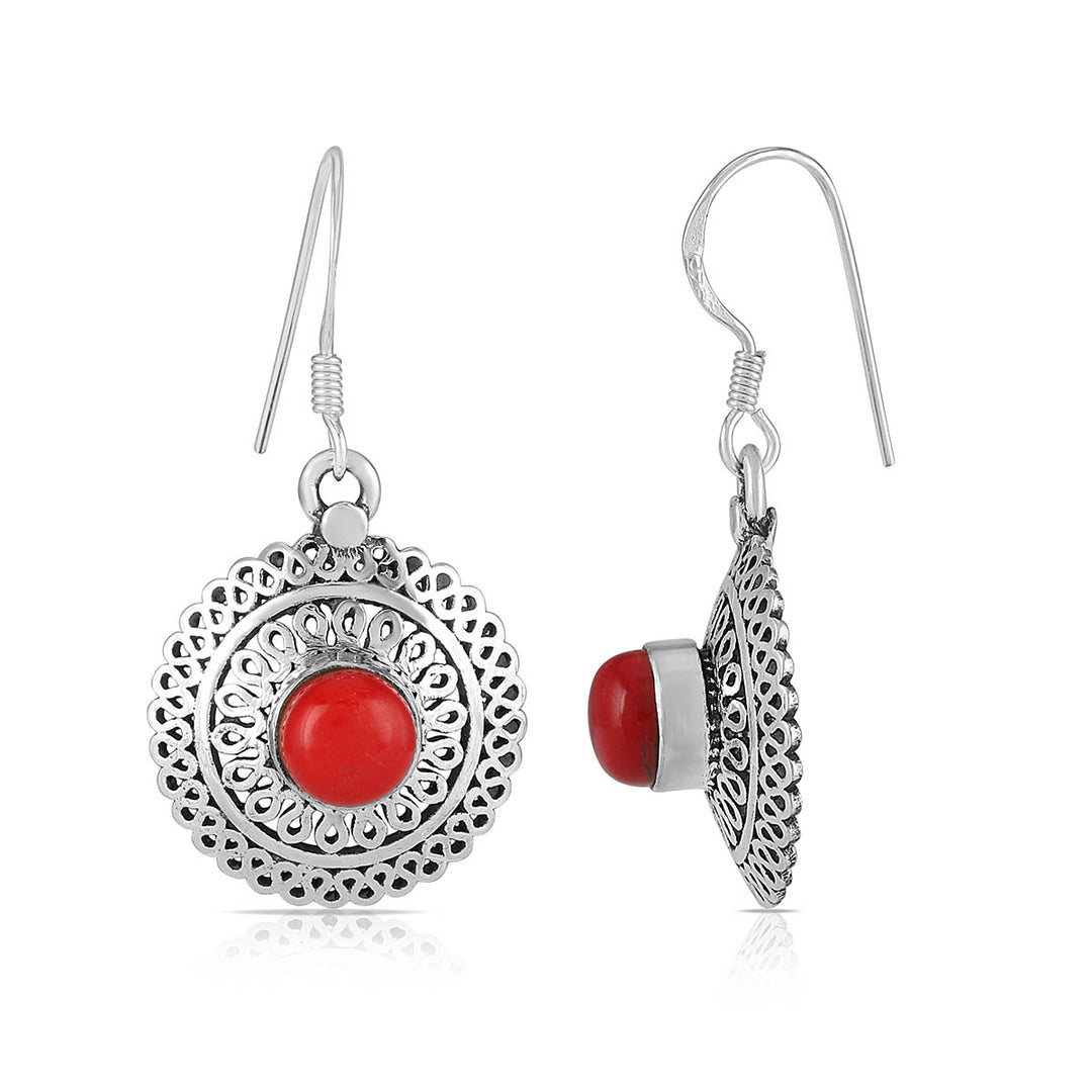 Coral Round Silver Dangle Earrings