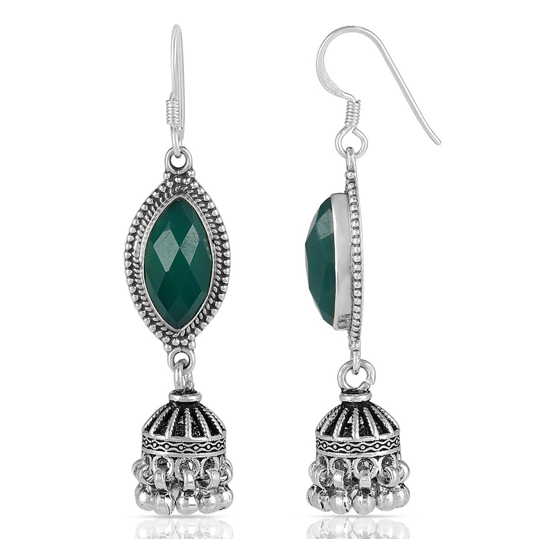 Green Onyx Silver Jhumki Earrings