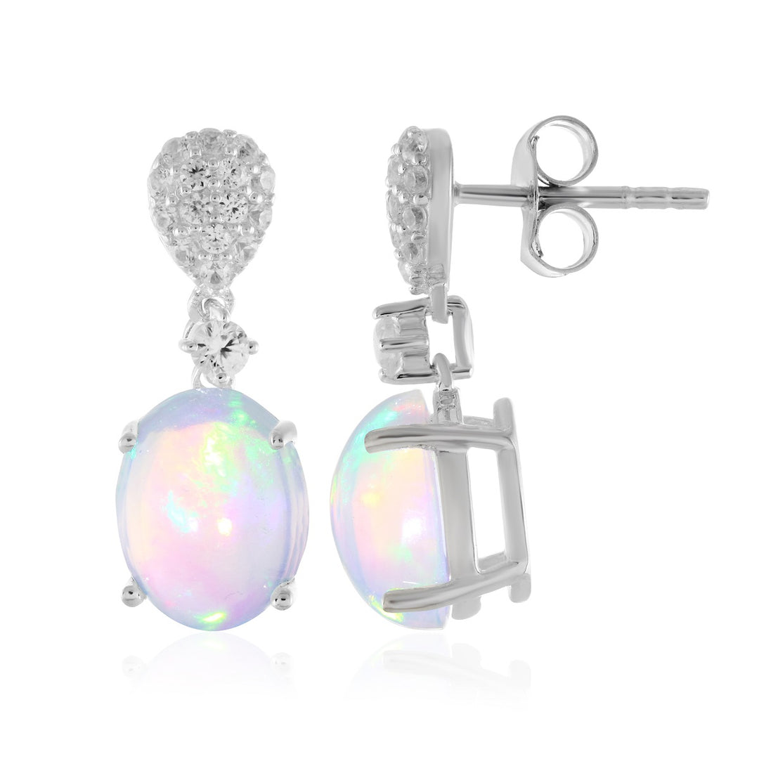 Ethiopian Opal and Zircon Silver Drop Earrings