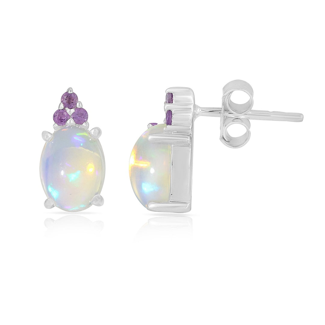 Ethiopian Opal and Amethyst Silver Stud Earrings