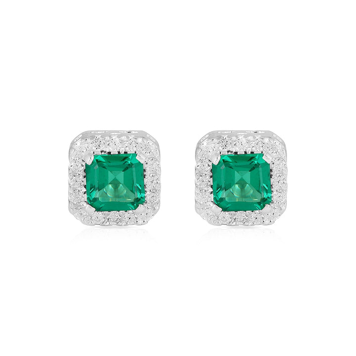 Green Crystal Quartz CZ Halo Silver Stud Earrings