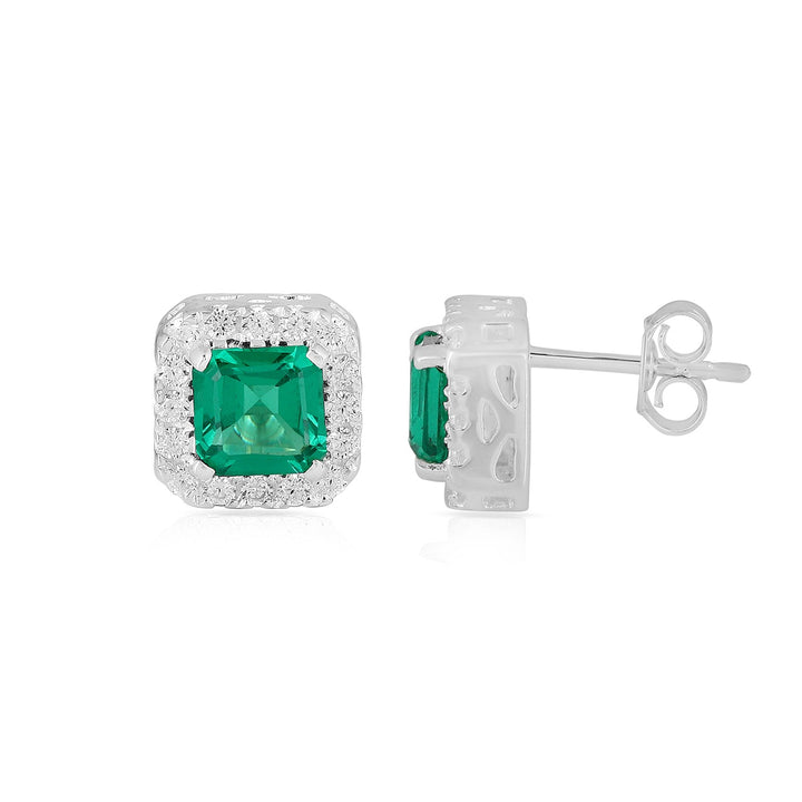 Green Crystal Quartz CZ Halo Silver Stud Earrings