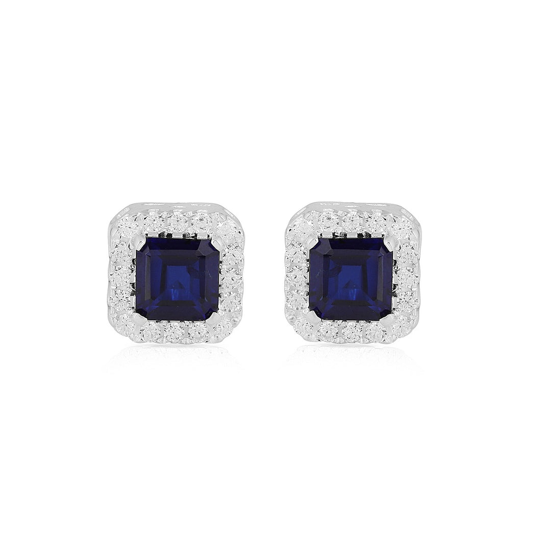 Blue Crystal Quartz CZ Halo Silver Stud Earrings