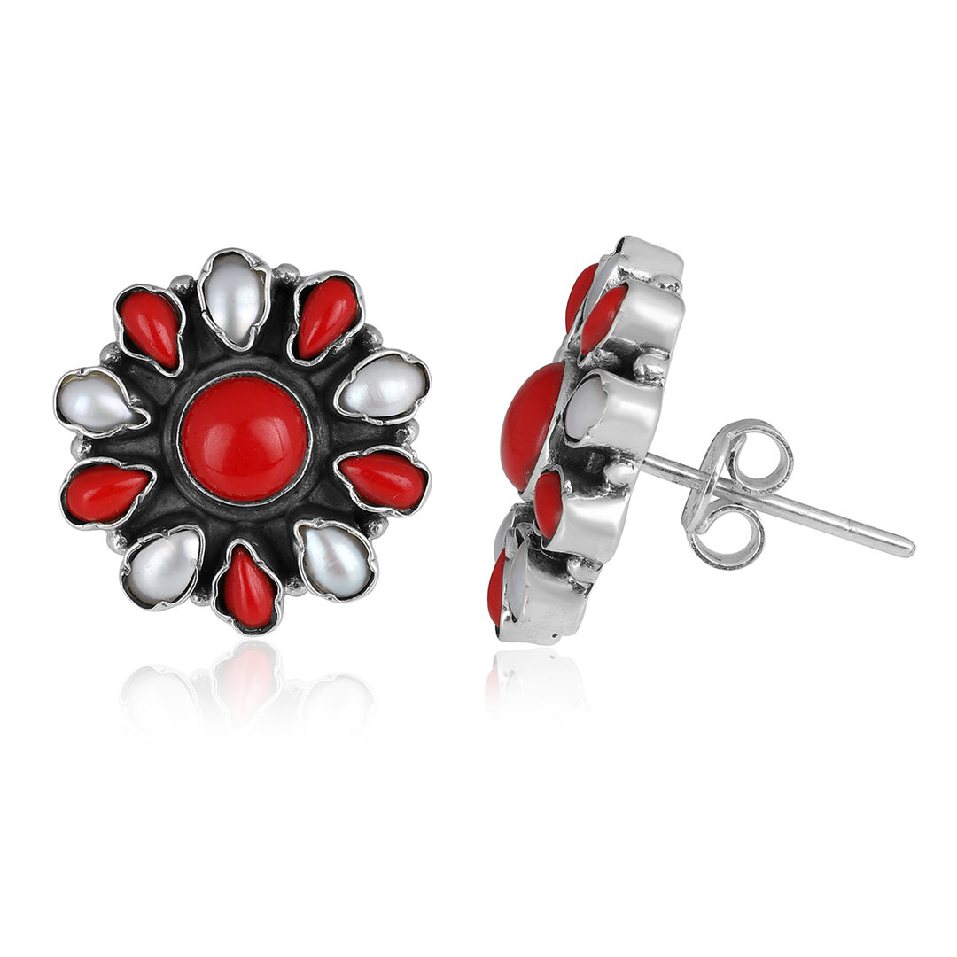 Coral and Pearl Silver Stud Earrings