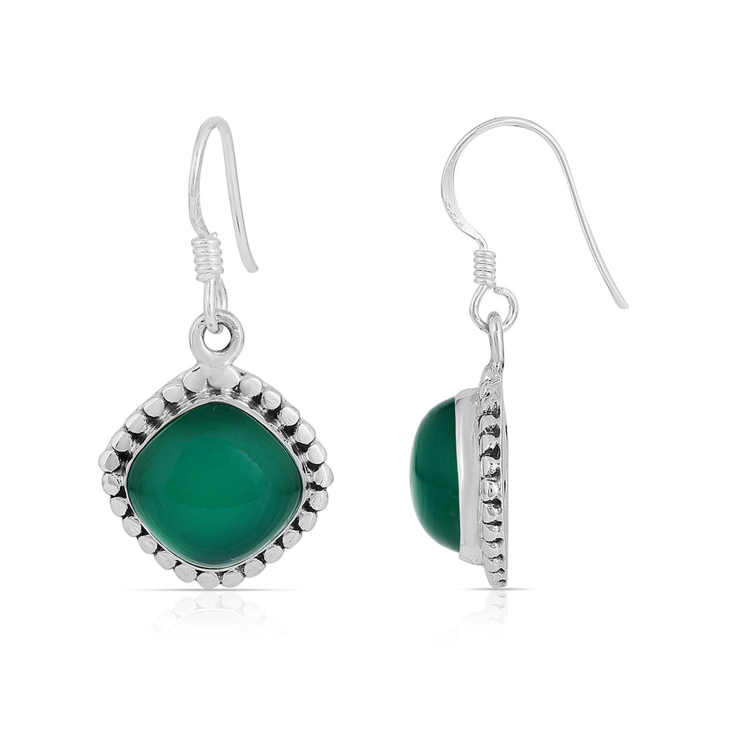 Cushion Green Onyx Silver Dangle Earrings