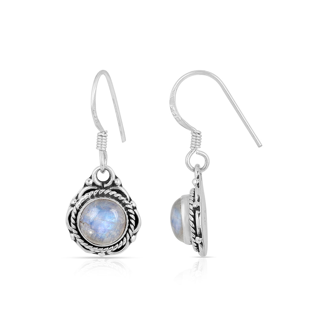 Rainbow Moonstone Round Silver Earrings