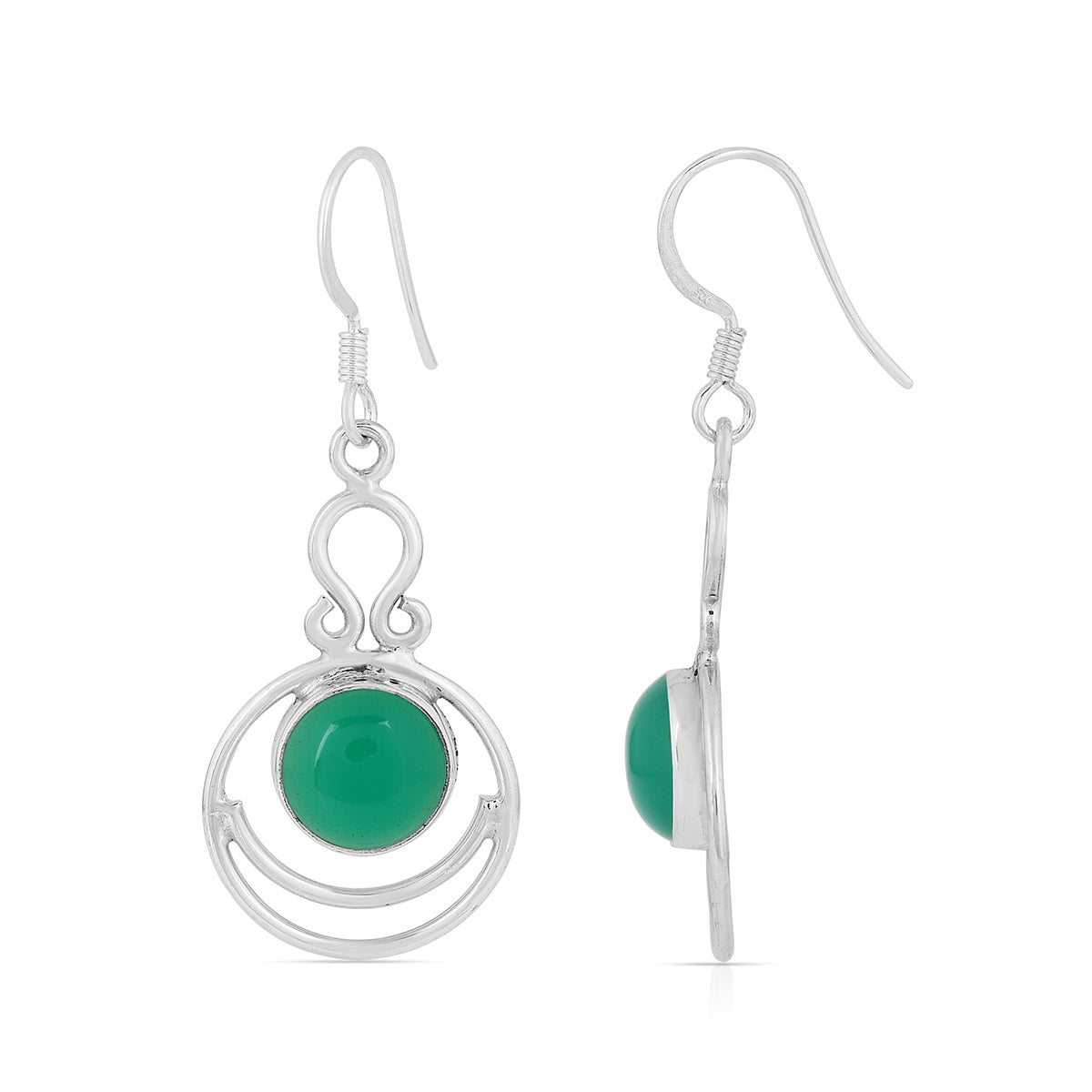 Green Onyx Silver Smiley Dangle Earrings