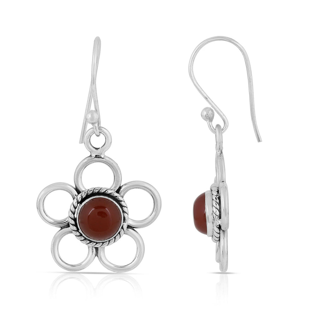 Red Onyx Floral Silver Dangle Earrings