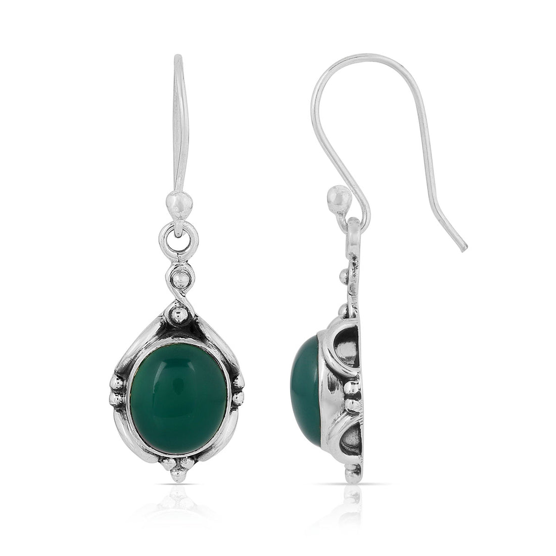 Green Onyx Oval Silver Dangle Earrings