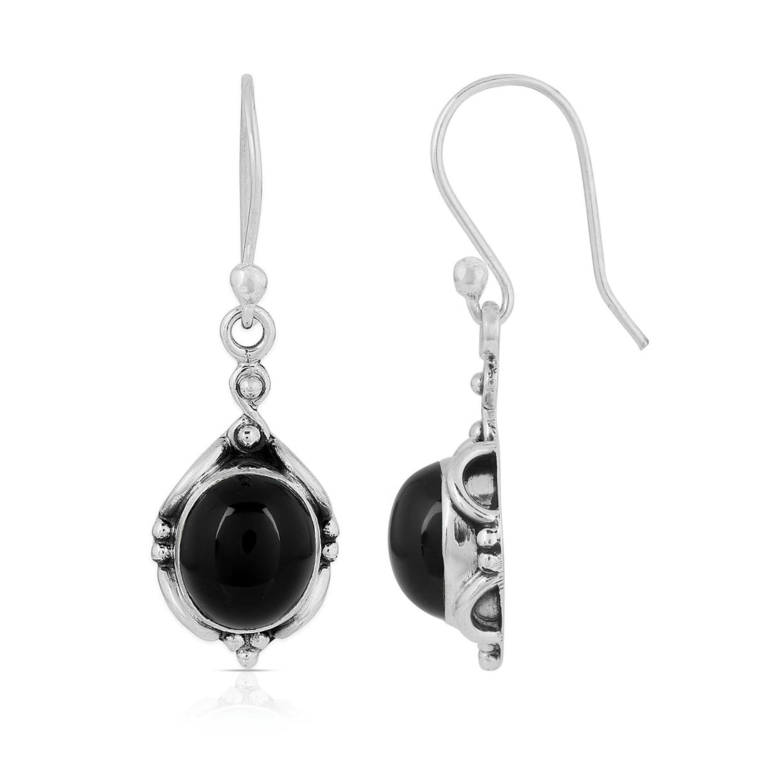 Black Onyx Oval Silver Dangle Earrings