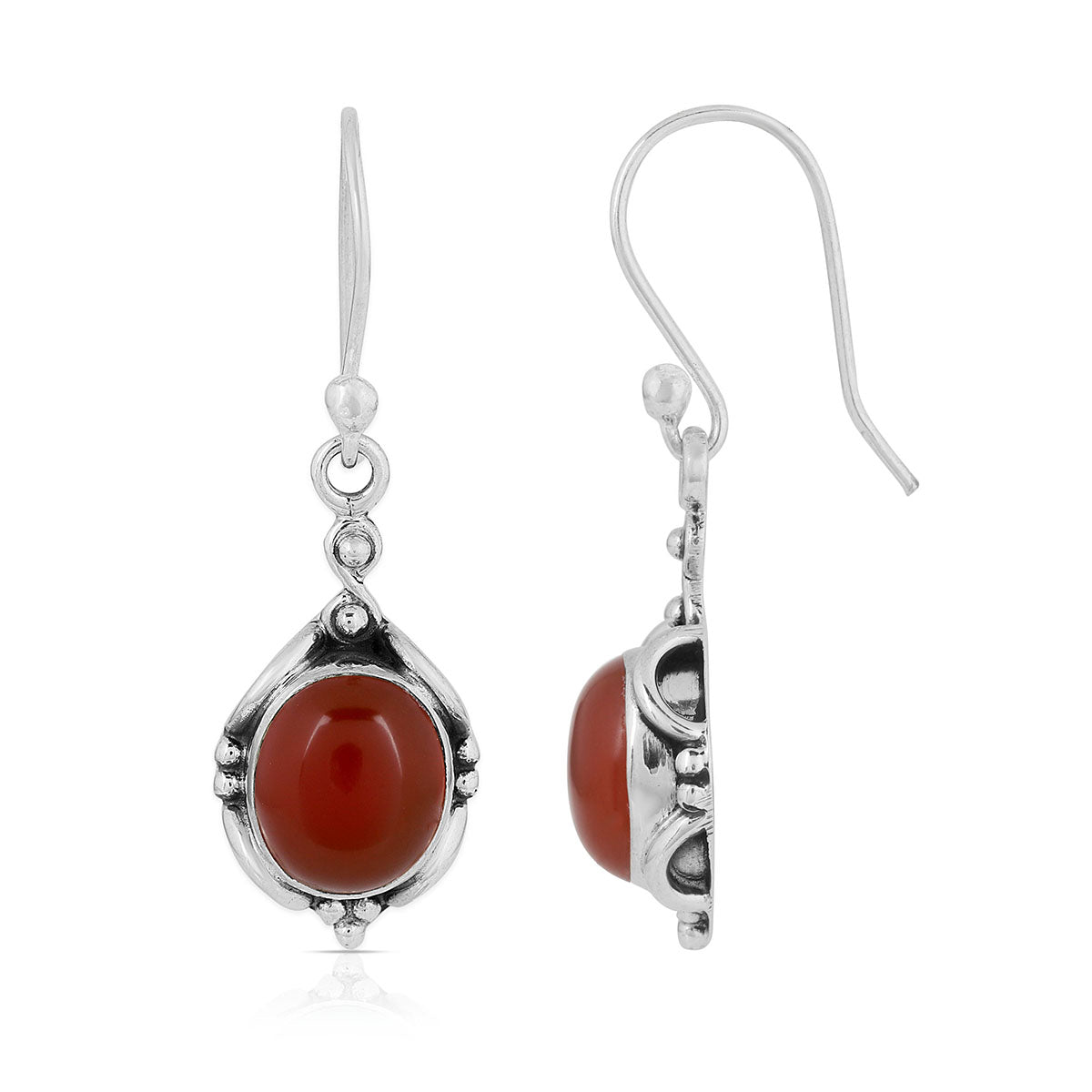 Red Onyx Oval Silver Dangle Earrings