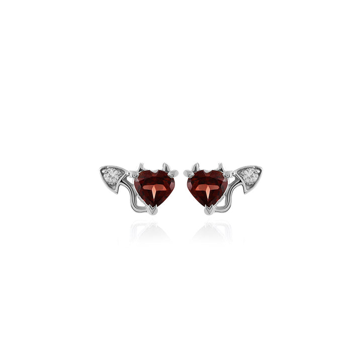 Garnet and Zircon Devil Heart Silver Stud Earrings