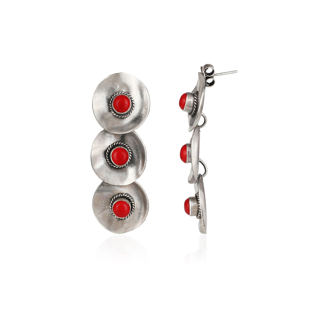 Coral Silver Disc Dangle Earrings