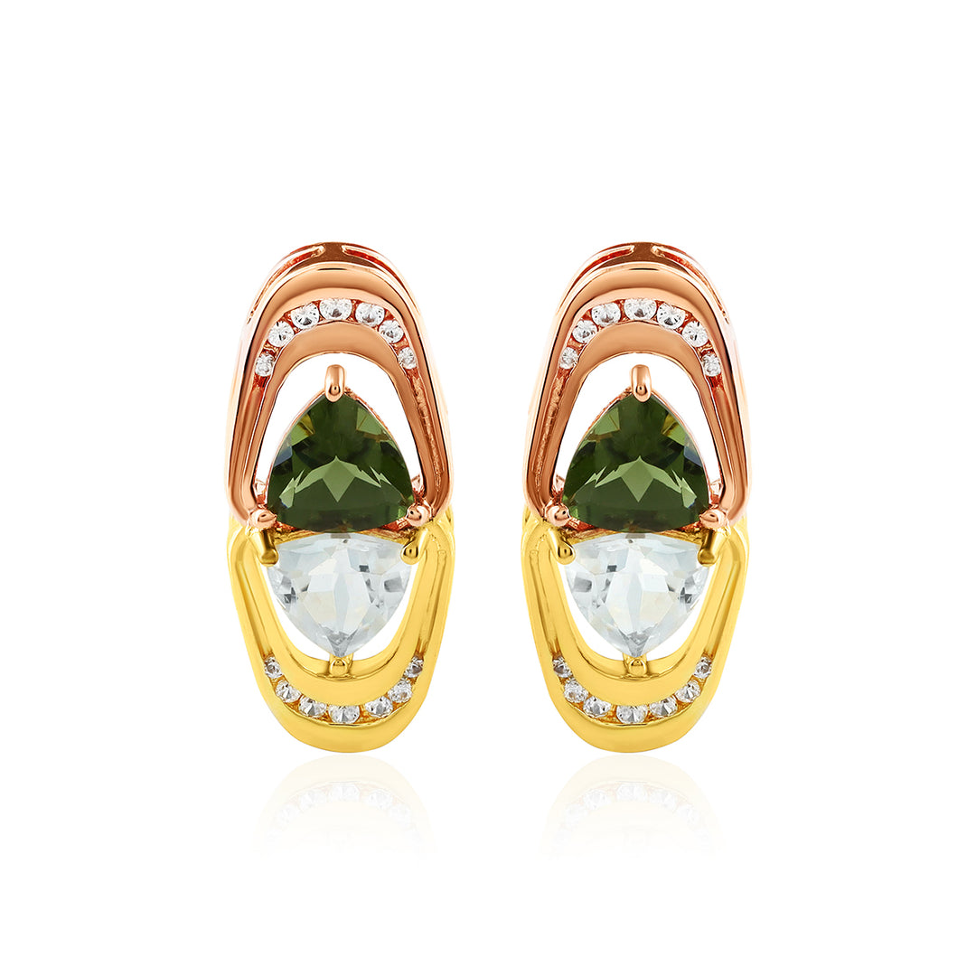 Moldavite, White Topaz and Zircon Silver Stud Earring