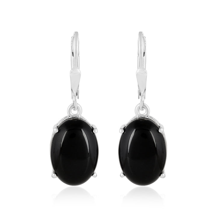 Black Onyx Cabochon Silver Dangle Earrings