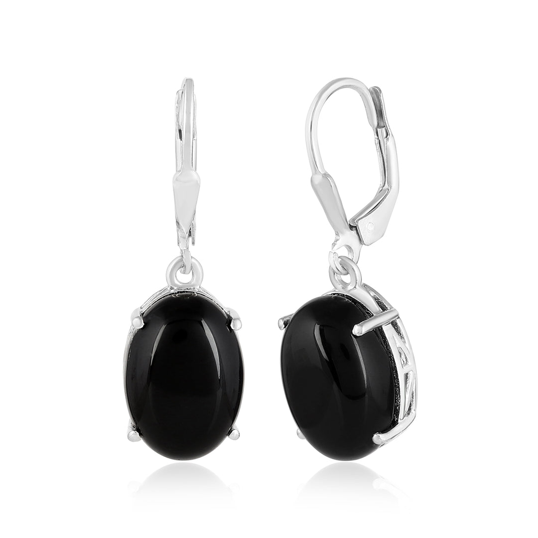 Black Onyx Cabochon Silver Dangle Earrings
