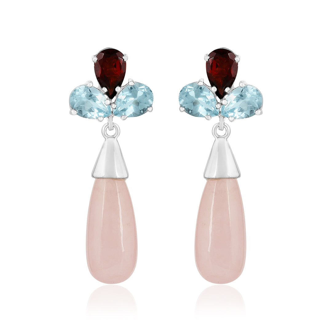 Rose Quartz, Blue Topaz and Garnet Drop Earrings