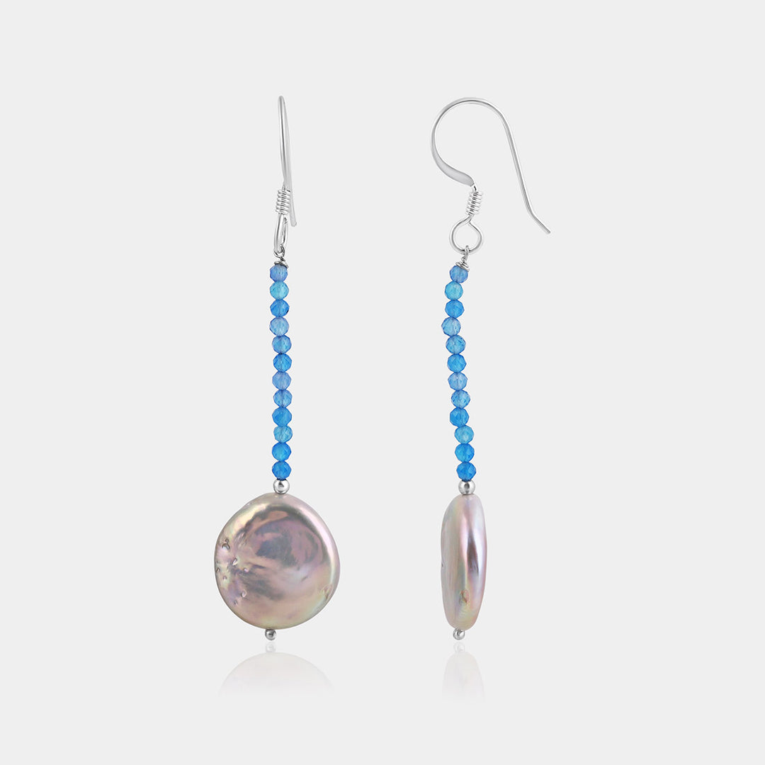 Blue Onyx and Pearl Beads Dangle Earrings