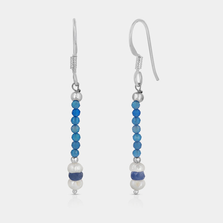 Onyx, Pearl and Sapphire Beads Dangle Earrings