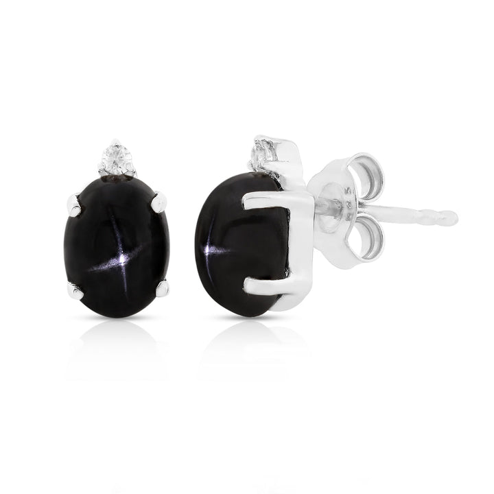 Black Star Diopside and Zircon Silver Stud Earrings