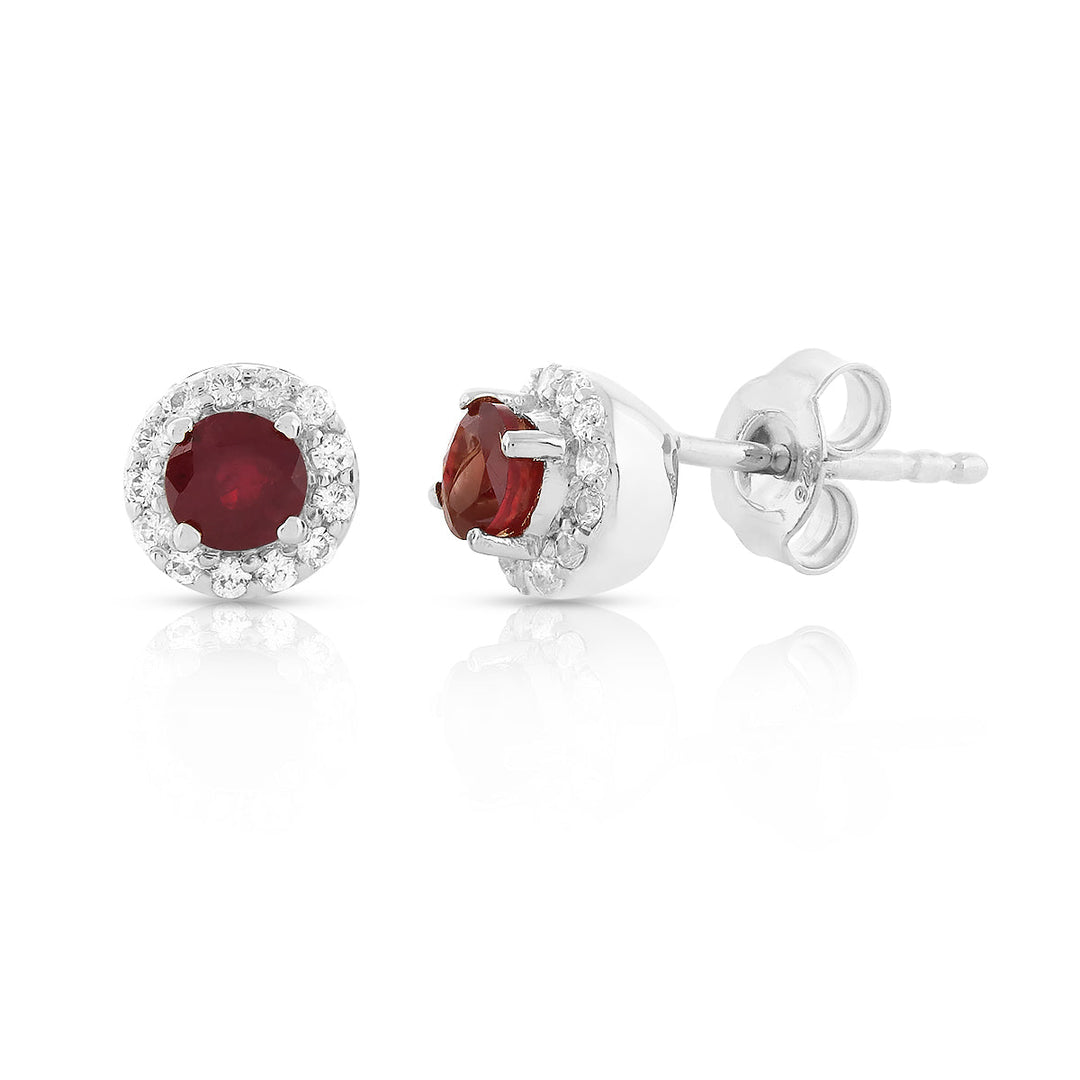 Ruby and Zircon Halo Silver Stud Earrings