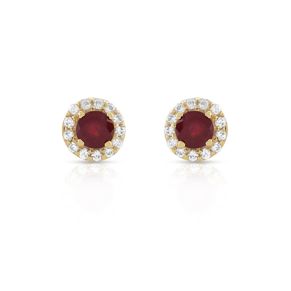 Ruby and Zircon Halo Silver Stud Earrings