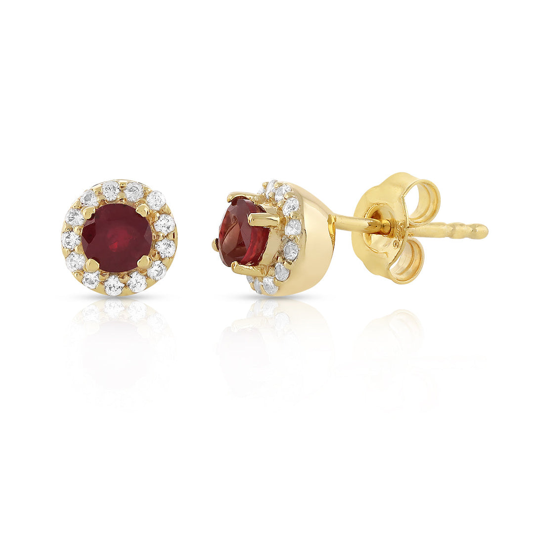 Ruby and Zircon Halo Silver Stud Earrings