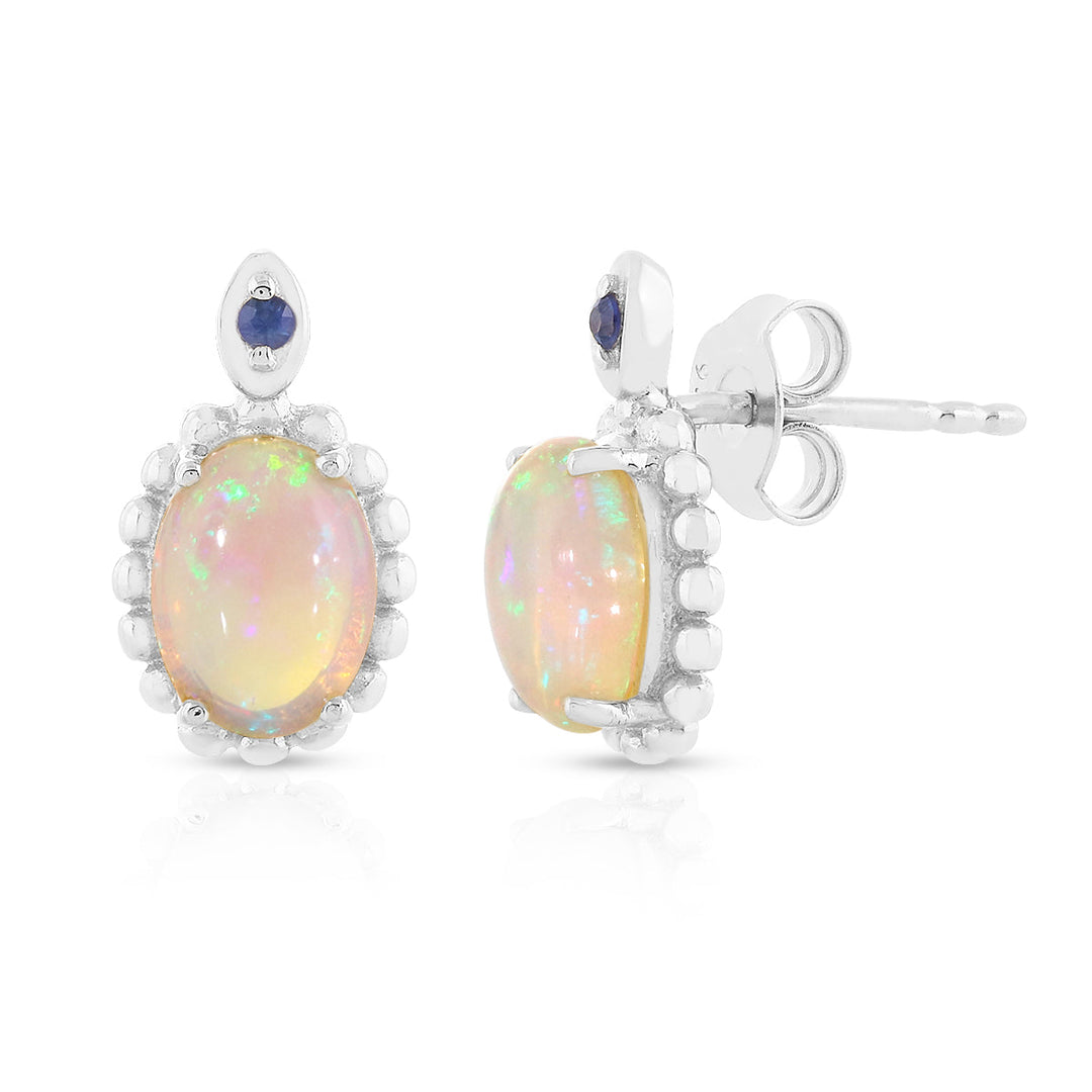Ethiopian Opal and Sapphire Silver Stud Earrings