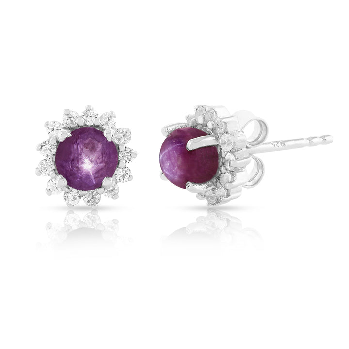 Purple Star Ruby and Zircon Silver Stud Earrings