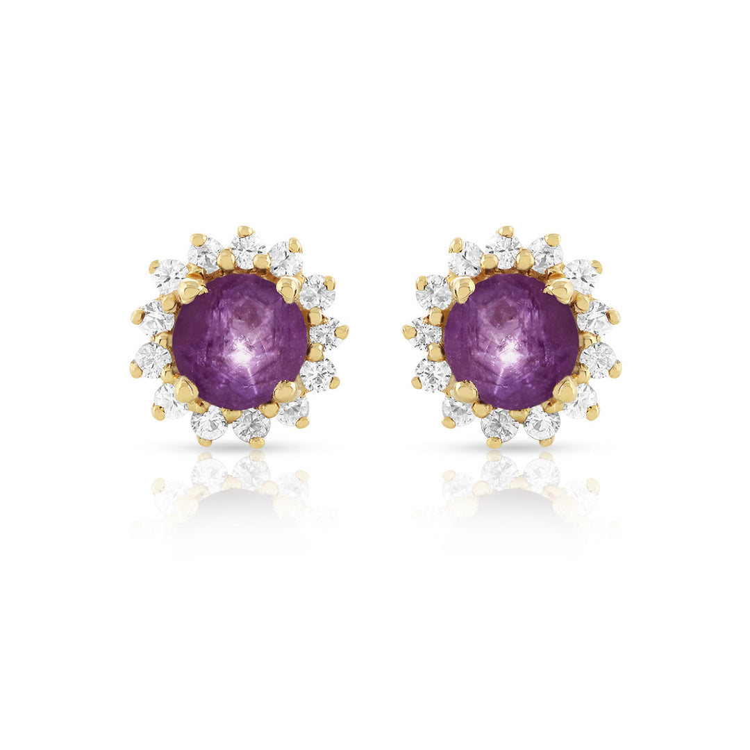 Purple Star Ruby and Zircon Silver Stud Earrings