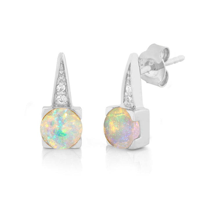 Ethiopian Opal and Zircon Silver Stud Earrings