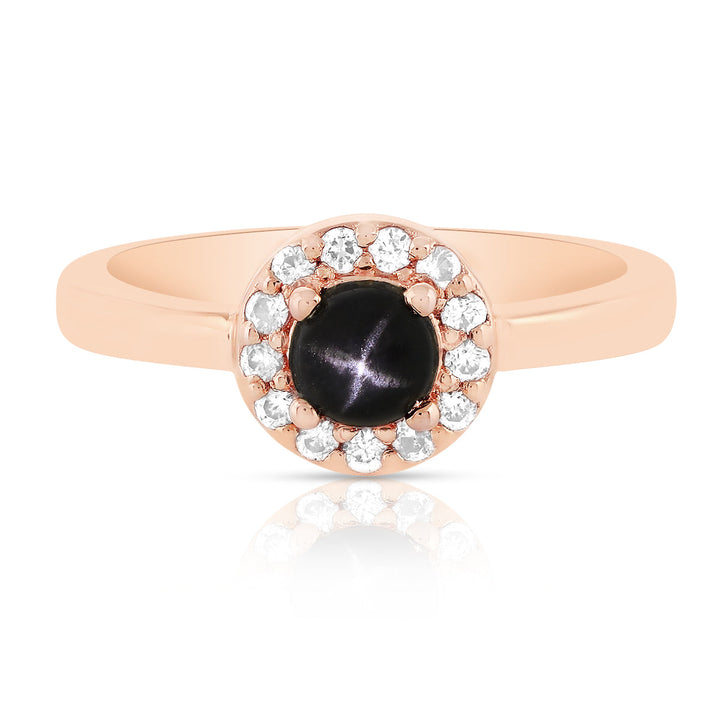 Black Star Diopside and Zircon Halo Ring