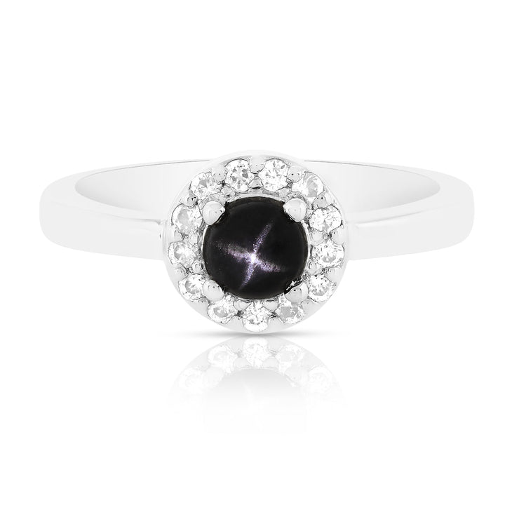 Black Star Diopside and Zircon Halo Ring