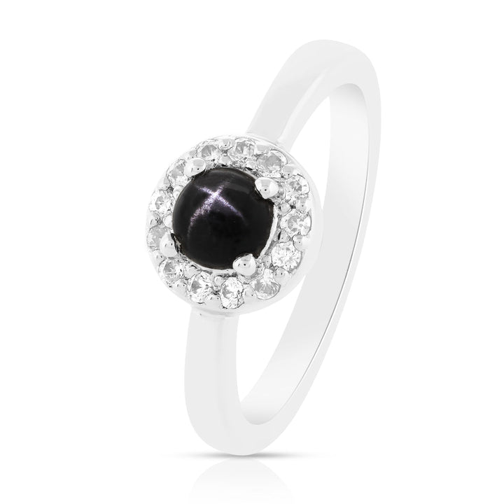 Black Star Diopside and Zircon Halo Ring