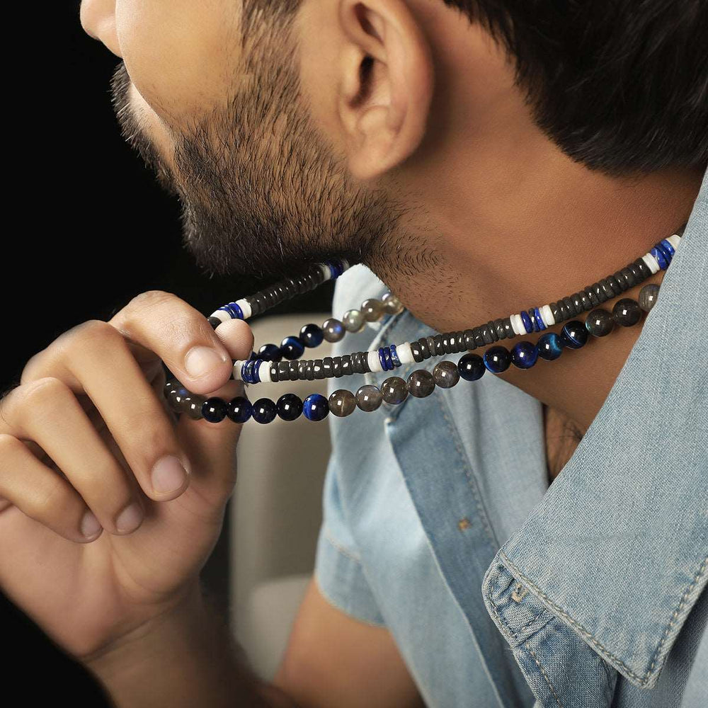 Blue Tiger's Eye and Labradorite Unisex Silver Necklace