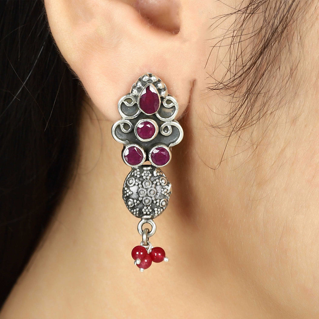 Ruby Stud Dangle Silver Earrings