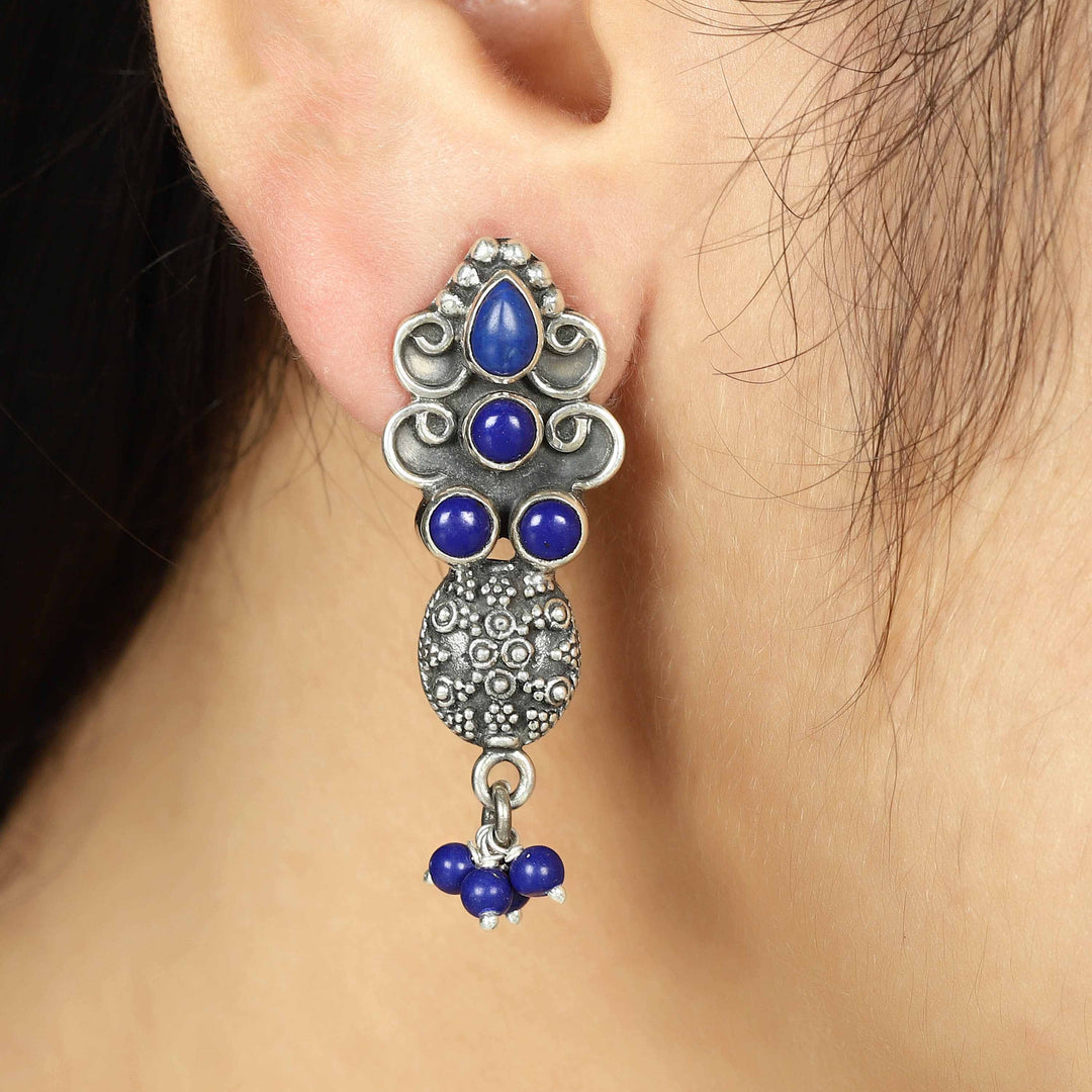 Lapis Lazuli Stud Dangle Silver Earrings