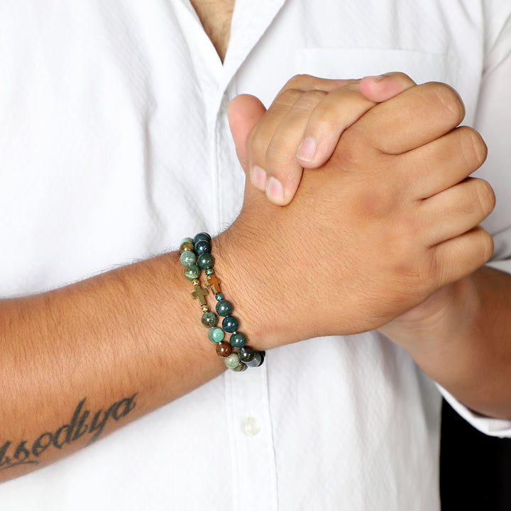 Moss Agate and Hematite Stretch Bracelet