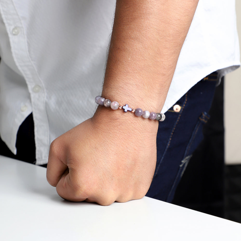 Lepidolite Tourmaline and Hematite Stretch Bracelet