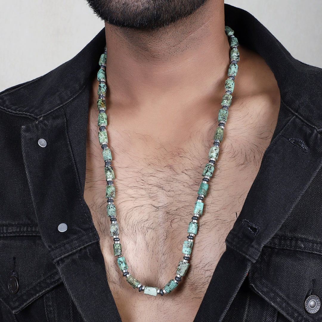 Turquoise and Hematite Beads Long Necklace