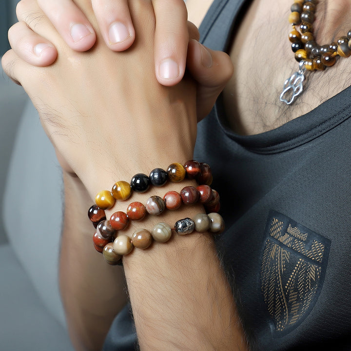 Petrified Wood and Hematite Buddha Stretch Bracelet