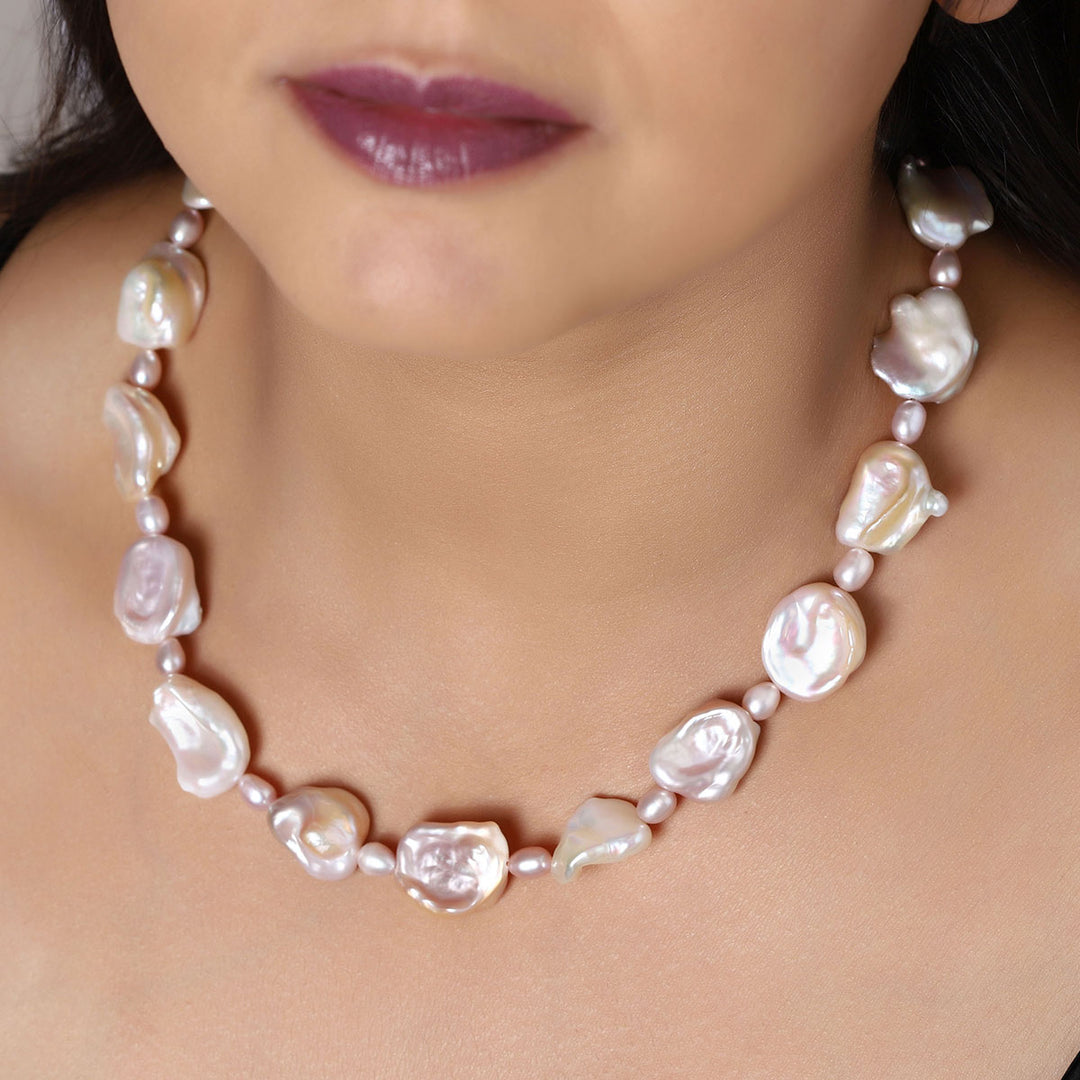 Pink Pearl Beads Silver Necklace