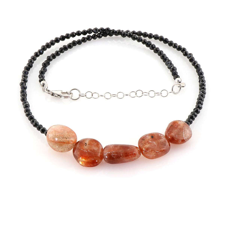 Black Spinel and Sunstone Silver Necklace