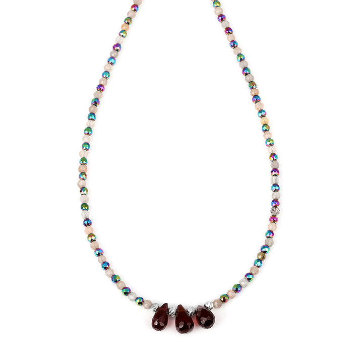 Moonstone, Hematite and Garnet Silver Necklace