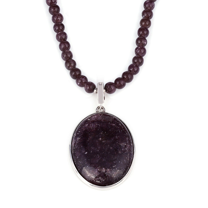 Lepidolite Beads Silver Pendant Necklace