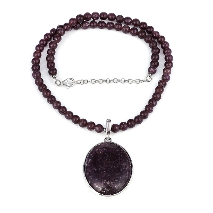 Lepidolite Beads Silver Pendant Necklace