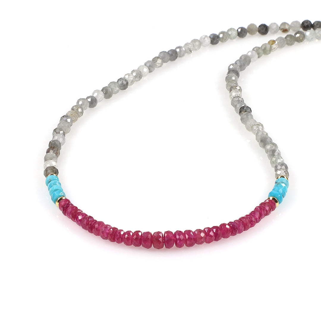 Ruby, Turquoise and Gray Zircon Silver Necklace