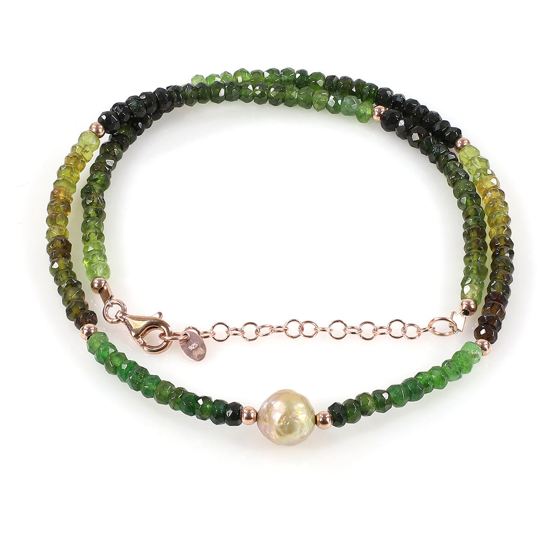 Green Tourmaline and Pearl Silver Necklace